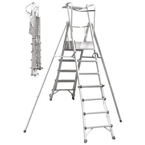 Image de la plateforme de sécurité télescopique montrée sous deux configurations : à gauche, la plateforme est pliée, illustrant sa compacité pour un rangement et un transport faciles ; à droite, elle est entièrement dépliée, dévoilant sa hauteur ajustable, ses garde-corps de sécurité, et ses marches antidérapantes.