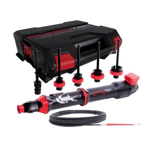 Image du coffret pistolet aiguille spirale métal en non utilisation, avec tous les équipements sortis. On y voit le système de tirage de câbles RT 2008, conçu pour fonctionner avec la spirale Mét. RUNPOGLIDER, ainsi que les mors de serrage intégrés et la tige télescopique. Les accessoires visibles incluent la troisième pince pour la rotation de la spirale et d'autres outils facilitant le tirage de câbles, illustrant l'ensemble des composants nécessaires pour une avancée efficace dans des rayons serrés et sur de longues distances.