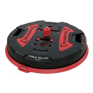 Image d'un dérouleur de câble GÉNIPLAC AO-XB 500, posé sur un fond blanc. Ce dispositif professionnel est conçu pour l'enroulement et le déroulement de tous types de câbles et conduits, avec une capacité de charge allant jusqu'à 800 kg. Il est équipé de 12 pieds caoutchoutés pour garantir une stabilité optimale et protéger les surfaces de plancher. D'un diamètre de 500 mm et pesant 6,94 kg, ce dérouleur est parfaitement adapté aux tambours de câbles et permet un déroulement efficace sans emmêlement. Le couvercle réglable en hauteur maintient les câbles en place pour un déroulement contrôlé.