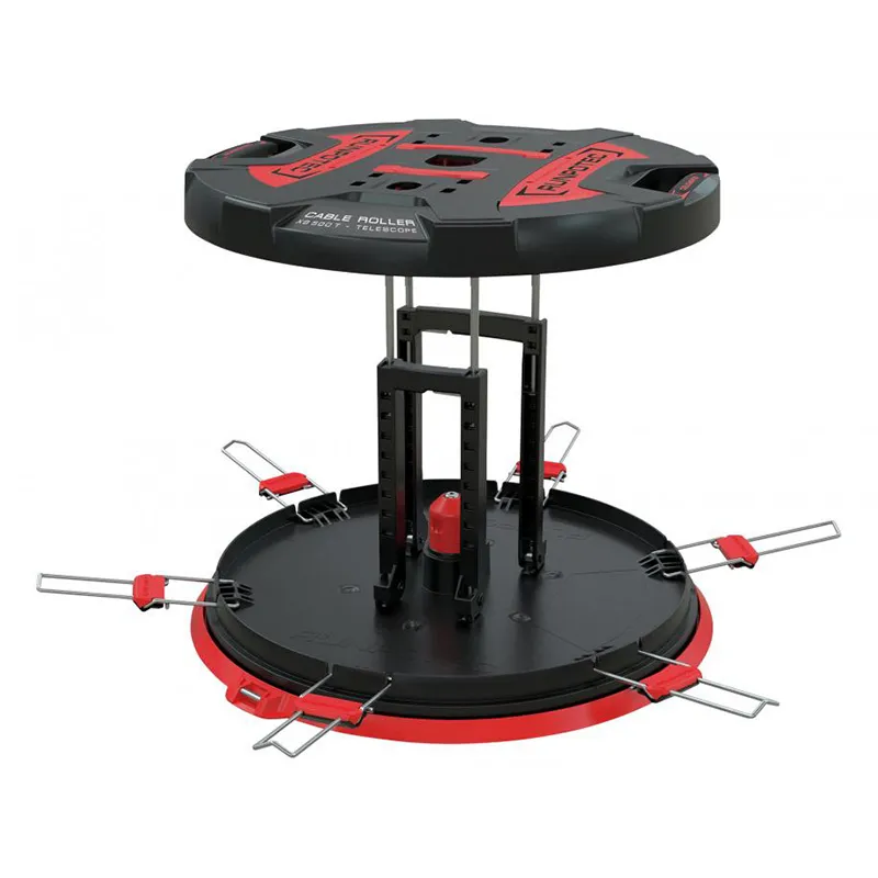 Image d'un dérouleur de câble GÉNIPLAC AO-XB 500 TÉLESCOPIQUE avec X BOARD XB 500 T, affiché en non-utilisation, mettant en avant sa conception robuste et professionnelle, adapté à tous types de câbles et de tuyaux, avec un couvercle réglable en hauteur et des extensions de support pour une manipulation sécurisée.